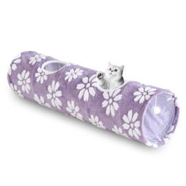 Yaning Straight Cat Tunnel for Indoor Cats 47"x12", Cute Cat Toys Collapsible Tunnel Tube with Balls for Puppy Kitten Rabbit, Purple Flower