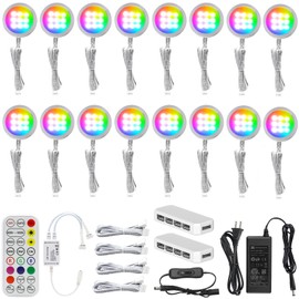 AIBOO Under Cabinet Lighting Kit, 16 Pack Dimmable RGB and CCT LED Puck Lights with Timer Function, Wireless Remote Control, Linkable Design, Ideal for Kitchen, Living Room, and Display Shelves