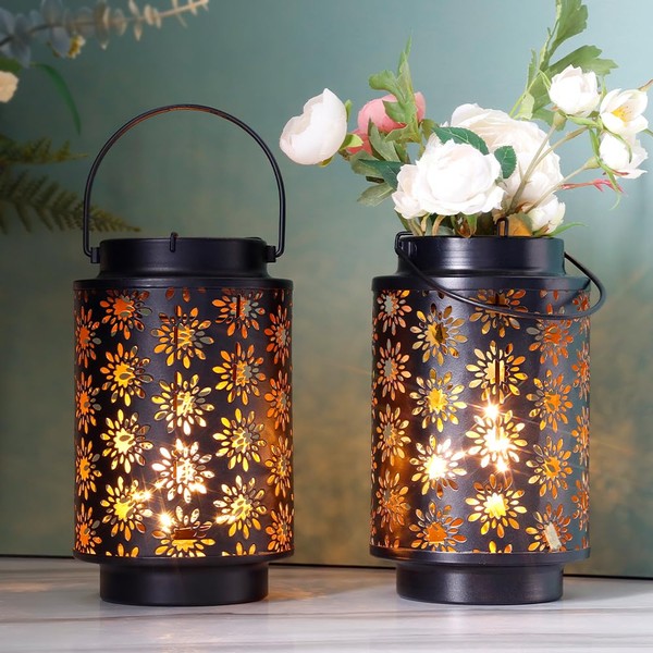 JHY DESIGN Set of 2 Metal Candle Holders 8" H Hanging Metal Candle Lanterns with Handle for Patio Garden Outdoor Walkway Yard Landscape Park Lawn(Flower Pattern)