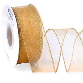 Ribbli Gold Organza Wired Ribbon, Old Gold Sheer Ribbon with Metallic Edge,1-1/2 Inch x 20 Yards Christmas Tree Ribbon for Decoration Gift Wrapping Wedding Crafts