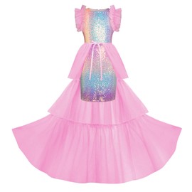 GRACE KARIN Kids Girls Rainbow Dress Sequin Formal Pageant Birthday Party Princess Prom Maxi Dress Size 7