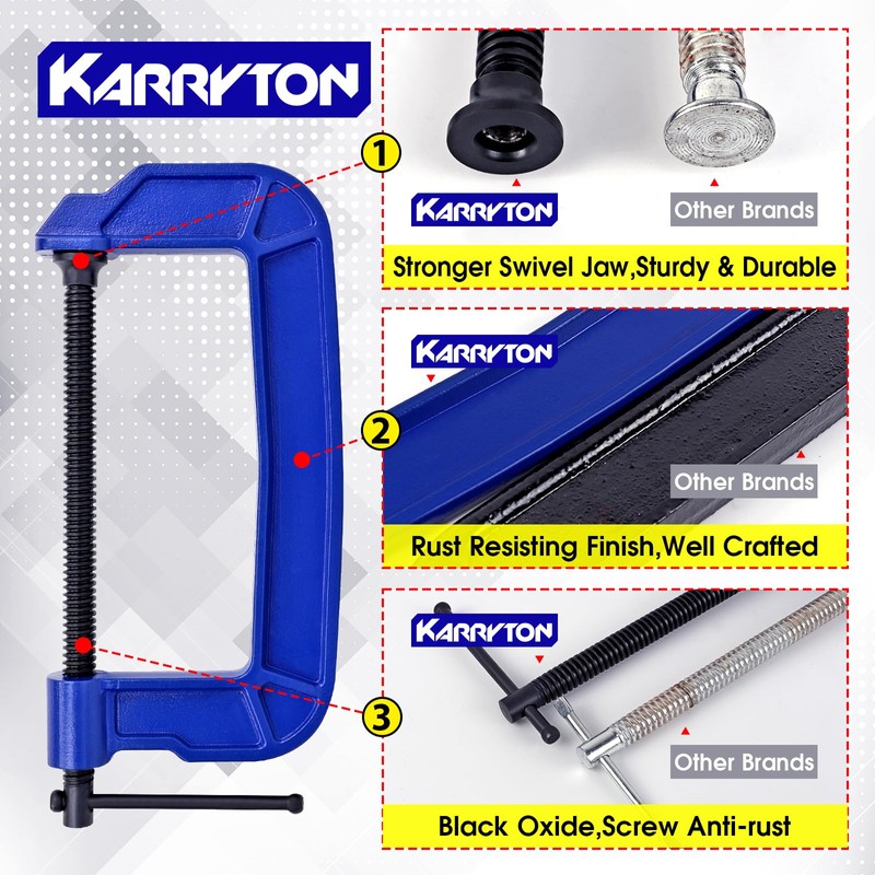 KARRYTON C Clamps set(4"+6"+8"), Large Deep Throat Ductile Iron C-Clamp