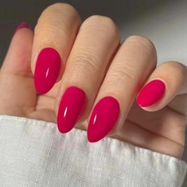 Rose Red Press on Nails Short Almond Shape Fake Nails Glossy Full Cover Acrylic Glue on Nail Solid Color False Nails Reusable Artificial Nails Holiday Daily Manicure for Women Girls 24Pcs