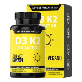 Vitamina D3 + Vitamina K2 + Mct Oil | Sin Azúcar - Suplemento Alimenticio Vegano Beyond Vitamins - Vitaminas Mujer / Hombre - Ingredientes Non Gmo (60 Cápsulas)