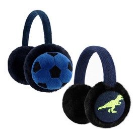 XIAOHAWANG Kids Boy Warm Earmuffs for Children Girl Winter Ear Muffs Cold Weather Ear Warmer (2 Pack-navy soccer&dino)
