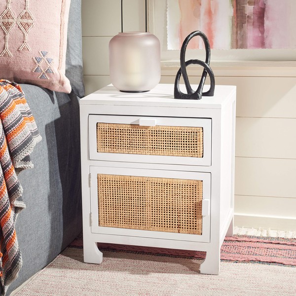 SAFAVIEH Home Collection Dave White and Natural Rattan 1-Drawer 1-Door