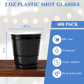 Lilymicky 600 PACK 2 oz Plastic Shot Glasses, Black Disposable Plastic Cups, Mini Black Shot Cups, 2 oz Party Cups for Jello Shots and Tasting