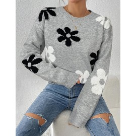 Libsorge Womens Oversized Cute Flower Sweaters for Women Fall Winter Spring 2025 Trendy Outfits Vintage Y2K Floral Knit Lightweight Crewneck Long Sleeve Holiday Pullover Tunic Tops Heather Gray M