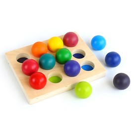 moderngenic Rainbow Wooden Balls with Tray, 12 Piece Sorting and Matching Educational Toy