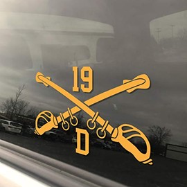 Military Army MOS 19D Cavalry Scout Crossed Sabers 3x5 Yellow Heavy Duty Die Cut Vinyl Window Sticker Decal