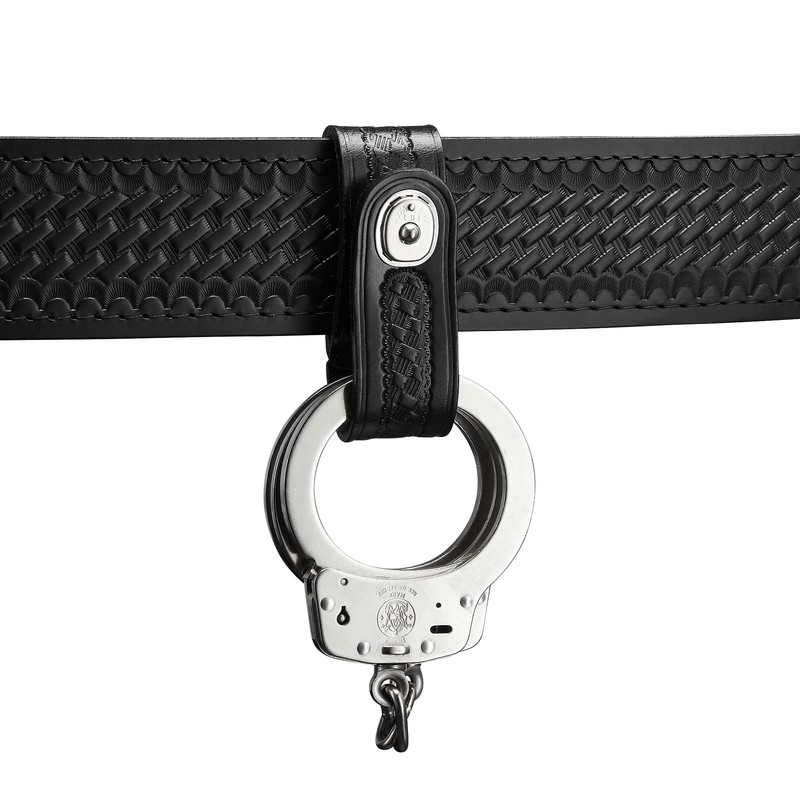 Handcuff Strap Black Leather Basketweave, Silver Snap, 3.5