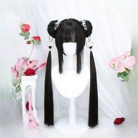 Lolita Wig, Long, Harajuku Style, Full Wig, Twin Tails, Platinum White, Cosplay Wig, Gothic Loli, Heat Resistant Wig, Wolf, Cute Wig (Black)