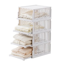 Pull-out Plastic Storage Basket with a Lid,Stackable Closet Organizers Drawer Anti-Tipping,Stable Shelf Container for Bathroom Laundry Room Storage, Space-Saving Clothes Storage (White Gray, L-4 pack)