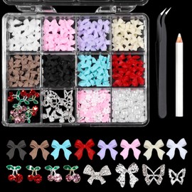 Yeomju 3D Schleifen Nägel Charms, Rosa Farbe Weiß Rot Schwarz Schleifen Blumen Perlen Nägel Charms, Mischfarben Nägel Charms Schmetterling Kirsche Legierung Silber