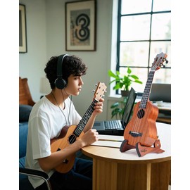 Musbeat Ukulele Stand, Foldable Ukelele Stand for Travel, Rabbit Shape Mahogany Wood Ukulele Holder for Concert Pineapple Soprano Tenor and Baritone, or Violin, Wooden Floor Ukele Holder for Home