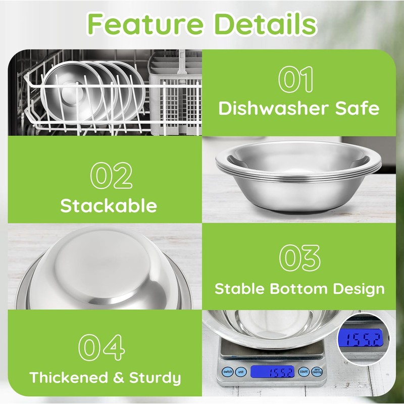 Offiper 304(18/8) Stainless Steel Mixing Bowls for Kitchen, 6 Pack