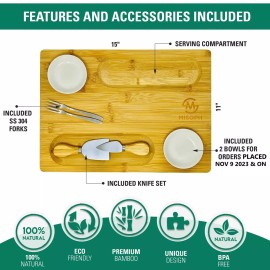 PandPal Bamboo Cheese Board with Knife, Bowl, Fork Set, Wood Charcuterie Platter & Fo...