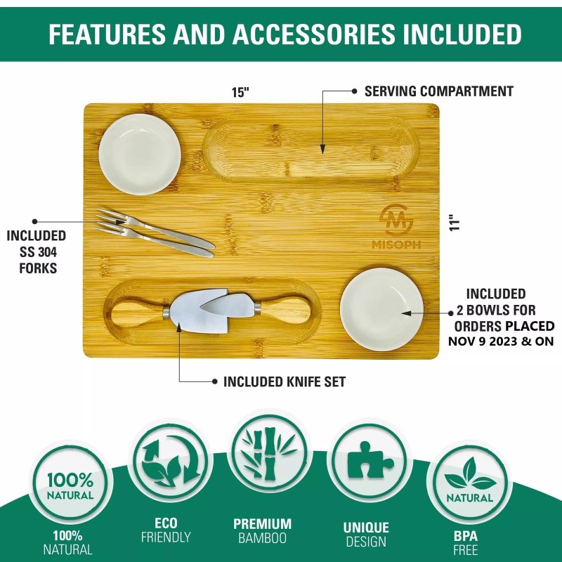 PandPal Bamboo Cheese Board with Knife, Bowl, Fork Set, Wood
