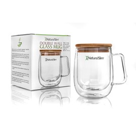 NaturalSlim Double Wall Glass Mug & Magicmag Pure Magnesium Powder - Borosilicate Clear Drinking Cup Insulated Transparent Mugs w/Bamboo Lid 13.5oz. - Strawberry & Lime Flavor Drink 8oz