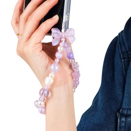 LUVI Beaded Phone Charm Lanyard Wrist Strap Love Heart Bow Beads Butterfly Chain Flower String Pearl Bling Bracelet Keychain Cute Fashion for Women Purple