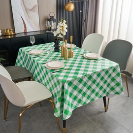 Vinyl Tablecloth with Flannel Backing Rectangle Waterproof Oil-Proof Plastic Table Cloth Stain-Resistant Wipeable Table Cover for Indoor and Outdoor (Green Checkered, 60 x 84 Inch)