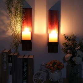 OwnMy Set of 2 Wooden Wall Candle Sconces Rustic Wall Mount Wooden Pillar Candle Sconces, Brown Farmhouse Wall Candle Sconces Hanging Wall Sconces Vintage Wall Candle Holders Decor for Living Room