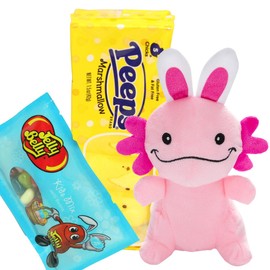 3 pc Easter Basket Stuffers, Girls or Boys Basket - 5 Inch Axolotl Plush Friend w/Easter Bunny Ears, Axolotl Gift Set, Gift Bag For Kids With Jelly Beans and Marshmallow Peeps
