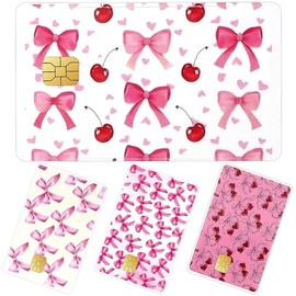 TUCEWP Bow Credit Card Skin Stickers 4Pcs Pink Cherry Bow Debit Card Skin Stickers Removable Waterproof PVC Decal Cover Set for Transportation Key Debit Bus Cards Coquette ID Cover for Women Girls