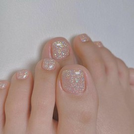 24 Pcs Press on Toenails Short,YIHONGYAN Clear Pink Fake Toe Nails Press ons Toe Nail Tips Glitter Acrylic Nail Art Kit Glue on Nails Full Cover Summer False Toenail Stick on Nails for Women