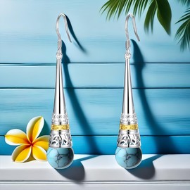 Real 925 Sterling Silver Vintage Drop Earring with Natural 6mm Freshwater Pearl Earrings for MetJakt Women's Fine Jewelry (Turquoise)