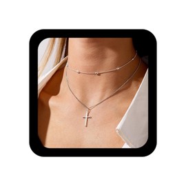 Xmsrn Vintage Layered Cross Necklace Religious Cross Pendant Necklace Thin Ball Chain Necklace Silver Retro Cross Choker Necklace Tiny Cross Chain Necklace Jewelry for Women