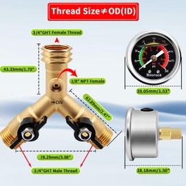 Totorock Updated Garden Hose Splitter with 200psi Pressure Gauge, Heavy Duty Brass Hose Splitter Full Flow, 3/4" GHT Y Hose Dispenser with 1/8" NPT Water Pressure Gauge, 2 Way Brass Faucet Splitter