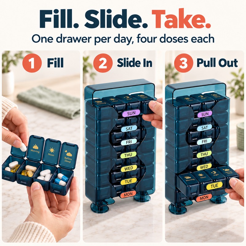 Weekly Pill Organizer 4 Times a Day – 28 Compartment