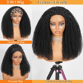 SheBase Kinky Curly Half Wig Human Hair 250% Density 16 Inch 3 In 1 Seamless Flip Over Drawstring Ponytail Headband Wig Human Hair Glueless Wear and Go 100% Human Hair Burmese Kinky Curly Half Wigs