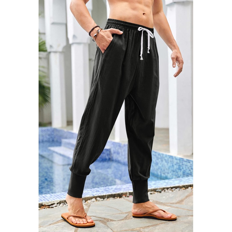 Pengfei Men's Joggers Pants Drawstring Elastic Pockets, Black, Large