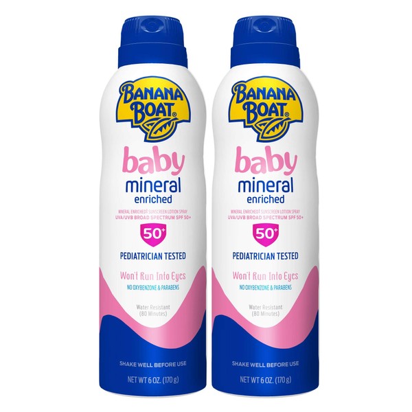 Banana Boat Baby Mineral Enriched, Won't Run Into Eyes, Reef Friendly, Broad Spectrum Sunscreen Spray, SPF 50, 6oz. - Twin Pack,6 Ounce (Pack of 2)
