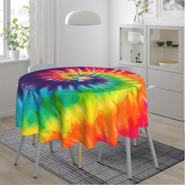YETTA YANG Colorful Tie Dye Waterproof Picnic Patio Party Round Table Cloth Cover Decorations Fabric 60 Inch Circular Tablecloth for 20-47 Inch Home Dining Room Kitchen Decor