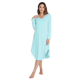 WiWi Women's Long Sleeve Nightgowns Lightweight Crew Neck Sleepwear With Pockets -Viscose from Bamboo S-XXL, Aqua, Medium