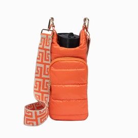 WanderFull Original Crossbody HydroBag | Quilted Water Bottle Carrier | Puffer Tote Tumbler Holder with Pockets for Purse, Phone & Accessories | Carry Travel Essentials (Orange/Patterned Strap)