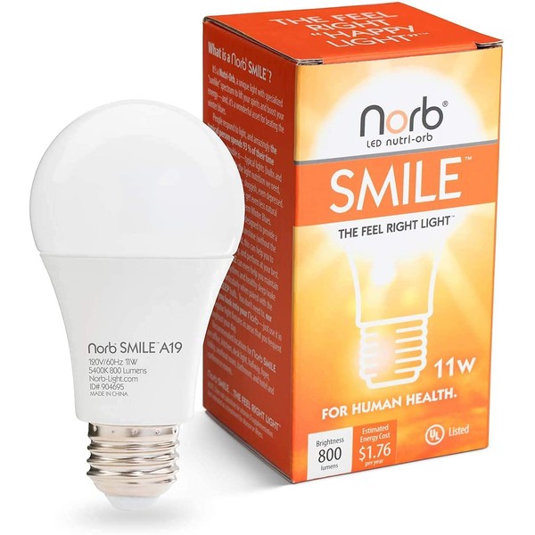 NorbSMILE Full-Spectrum “Sunlike” Premium A19 LED Light Bulb. Boosts Energy, Mood & Performance. Supports Circadian Rhythm. Near-Perfect Color Rendering. Patented Technology US Based (1-Pack)
