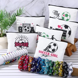 Baderke 48 Pcs Soccer Team Gifts 12 Pcs Make up Bags 12 Novelty Ball Socks 12 Scrunchie Hair Ties 12 Soccer Bracelet Accessories Gifts for Birthday Sport Party Favor