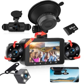 Dash Cam Front and Rear Inside, 4 Channel Dash Cam 3 Inch IPS Screen Front and Rear with G-Sensor, 24 Hours Parking, 8 IR Night Vision Lights, Loop Recording, Reverse Aid + 64GB Card