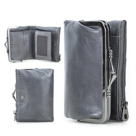 CONTACTS Women's RFID Wallet with Kiss Lock, Genuine Leather Multifunctional Bifold Coin Purse with Zip Pocket, Vintage, Credit Card Holder, Small Clutch with ID Window, gray, Retro