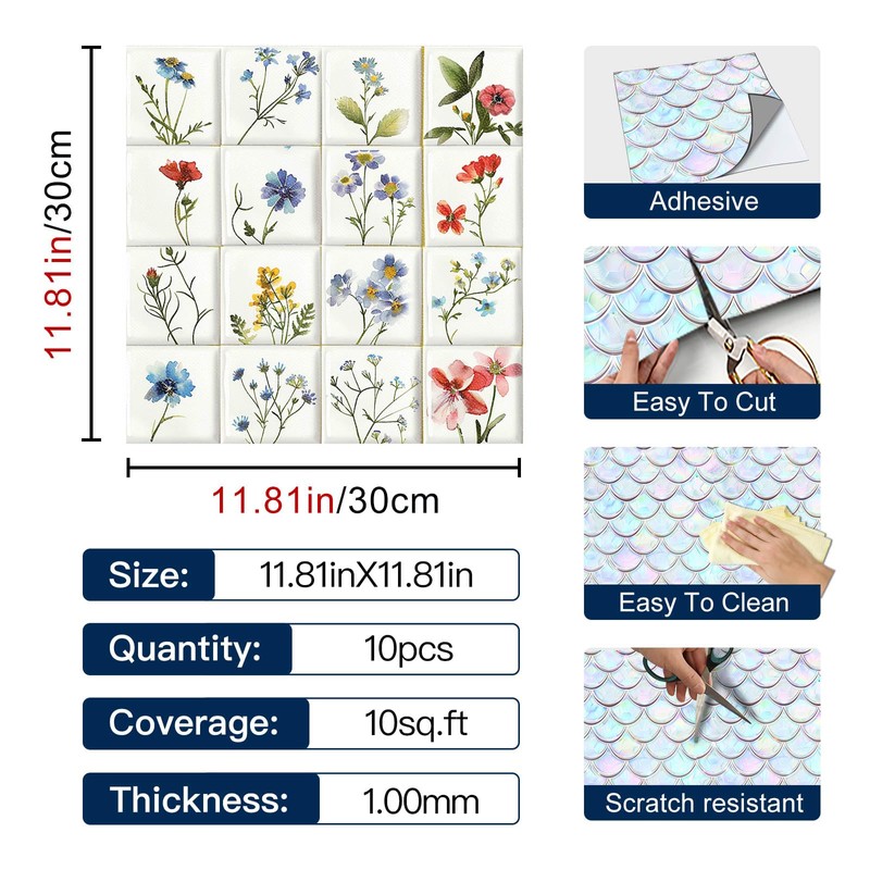 IVN Botanical Wildflower Peel and Stick Floor Tiles 12x12 Inch