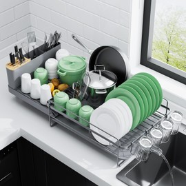Kitsure Extendable Dish Rack, Large Drying Dish Rack with Cutlery & Cup Holders, Dish Racks for Kitchen Counter, Multifunctional Dish Racks for Counter with Drainage 27" L x 12.9" W, Grey