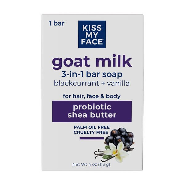 Kiss My Face Goat Milk 3-in-1 Bar Soap - Blackcurrant + Vanilla - Probiotic Bar Soap for Face, Hair, and Body with Shea Butter - Palm Oil-Free and Cruelty-Free Soap (Blackcurrant + Vanilla, Pack of 1)