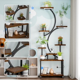 Plant Stand Indoor with Grow Lights, 61" Tall 8 Tiered Indoor Plant Shelf, Flower Stand for Multiple Plants, Multi-tier Planter Pot Holder with 4 Wheels, S-Shaped Plant Rack for Balcony, Garden, Patio