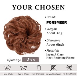 PORSMEER 2 Pieces Hairpiece with Elastic Band, Large Bun Hairpiece, Copper Red, Curly Hair Scrunchie with Hair, Updo Hairstyles, Hair Extensions, Messy Bun Scrunchies, Hairpieces for Women, Girls,