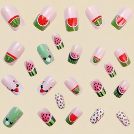 Summer Press on Nails Short Square Green Fake Nails with Fruit Designs | Gel Cute Summer Nails Cartoon False Nails Press ons Short Glue on Nails Full Cover Stick on Nails for Women 24Pcs