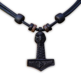 HANA LIMA® Thor's Hammer / Mjölnir Pendant Necklace, Carved Wood Pendant with Leather Cord